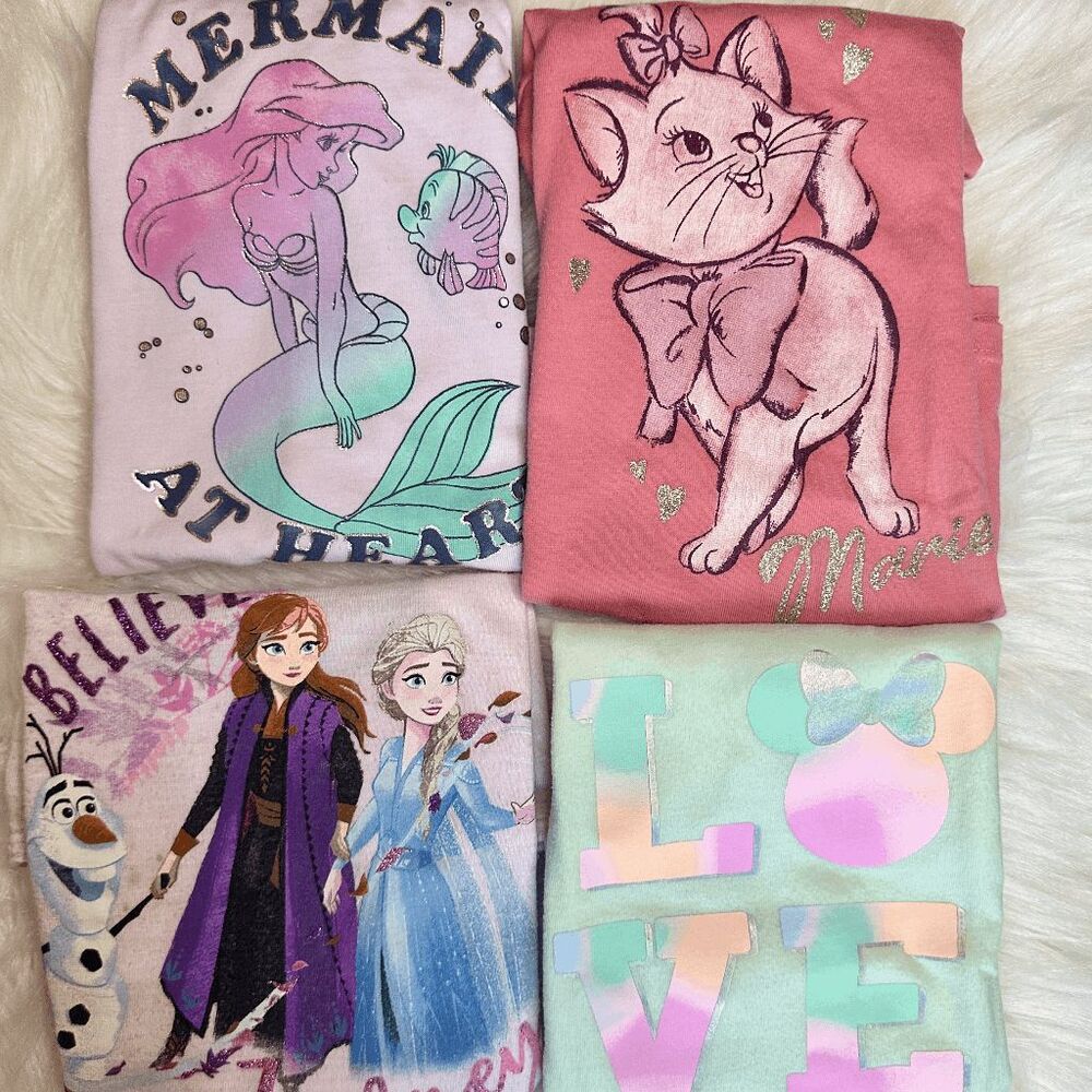 4 Girls T-Shirts Tops Disney Size 4 Ariel Frozen Anna Elsa Marie Minnie Preowned